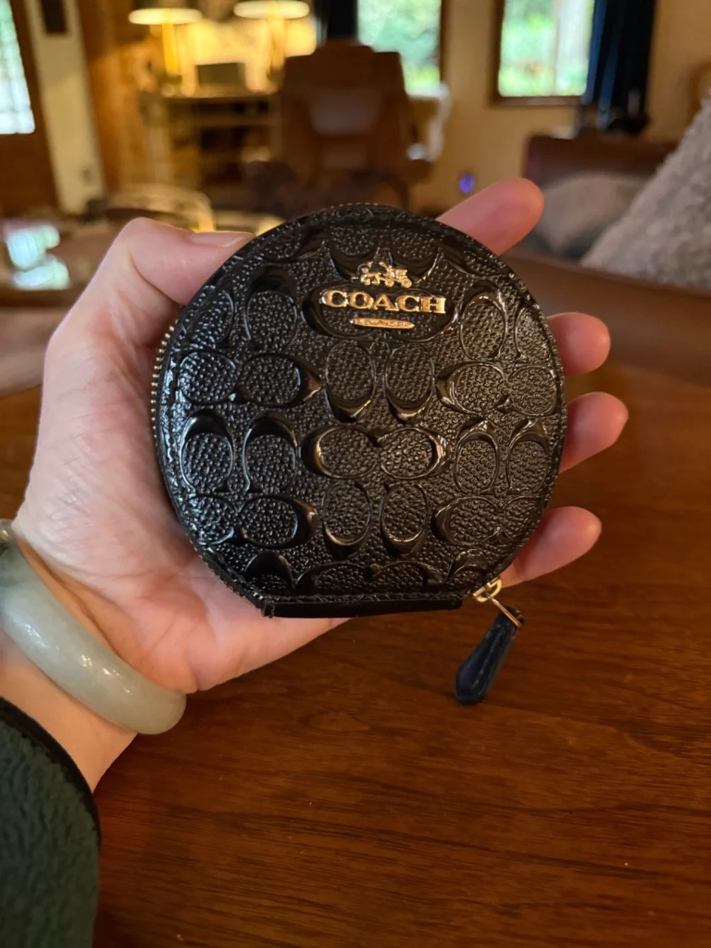 Coach Black Embossed Signature Round Zip Coin Case with Gold Plaque - Picture 2 of 6